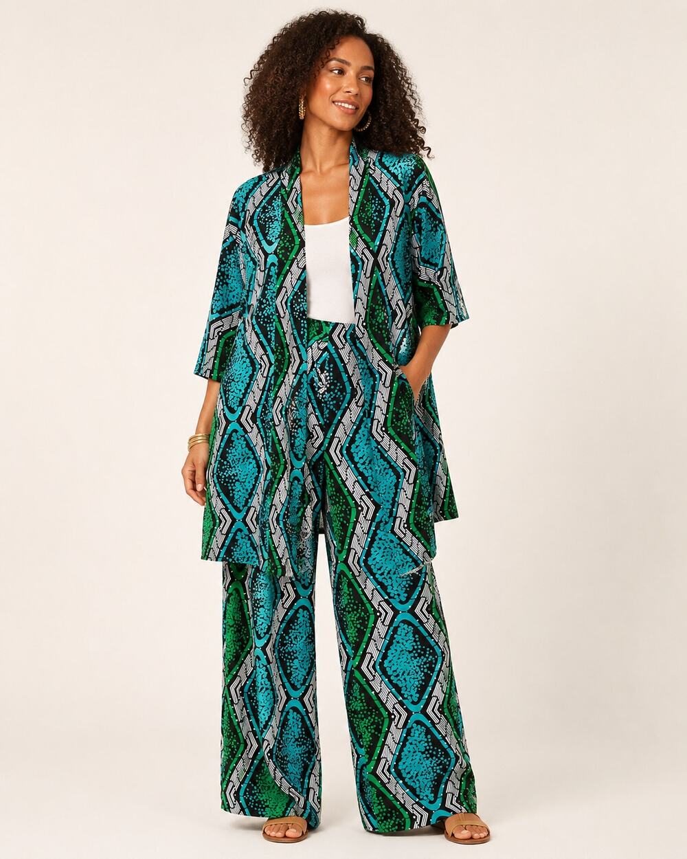 NWOT Teal Green Tribal Print 2 Piece Wide Leg Pant Set M/L